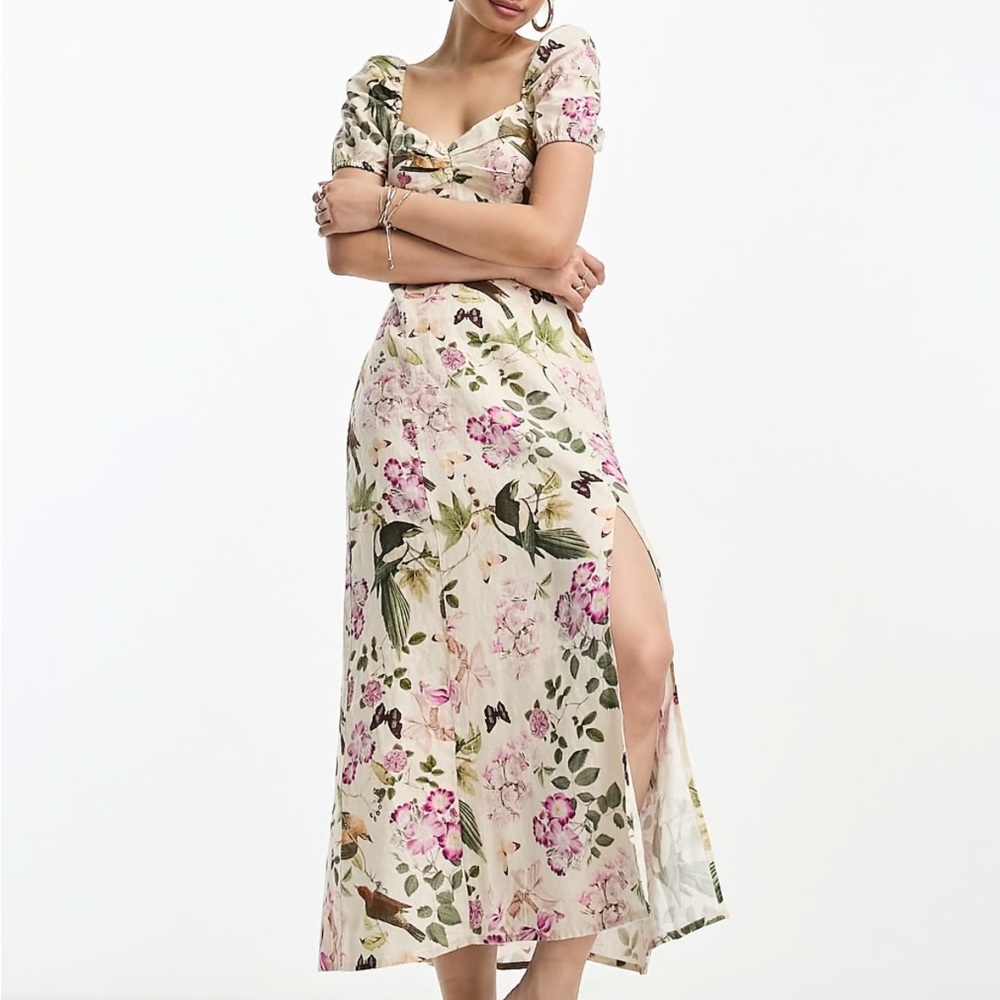 & Other Stories Cream Floral Midi Dress with Pink and Green Print